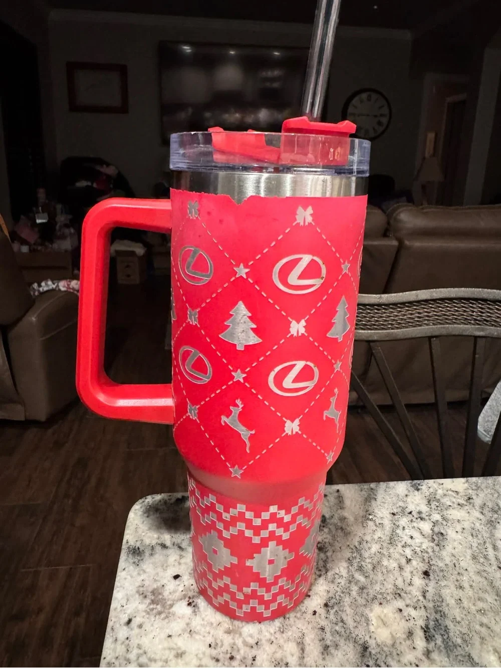 40oz Hand Crafted Red and Silver Holiday Travel Mug with Handle